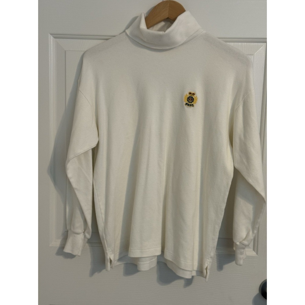 Vtg J.G. Hook White Turtleneck Sweater M Cotton Knit Pullover Embroidered logo